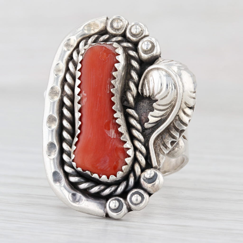 Large Vintage Native American Coral Ring Sterling Silver Sz 10.5 Artisan Signed