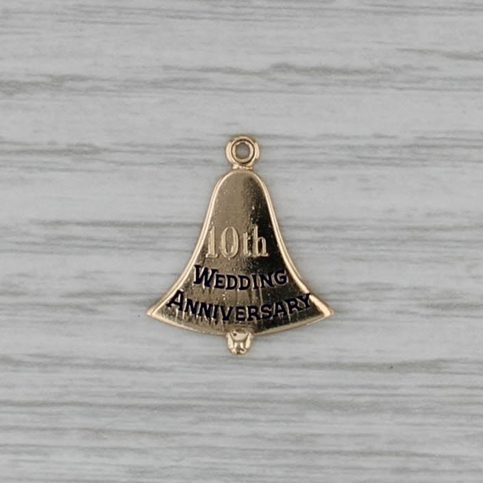 Vintage 10th Wedding Anniversary Bell Charm 14k Gold Enamel Engraved Pendant