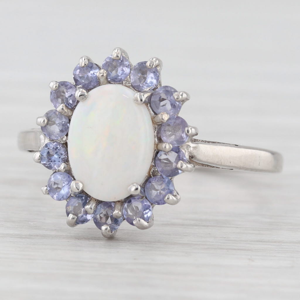 Light Gray Oval Opal Cabochon Tanzanite Halo Ring 14k White Gold Size 6.75