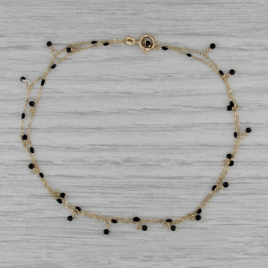 Black Resin Bead Station Necklace 14k Yellow Gold 18" Cable Chain