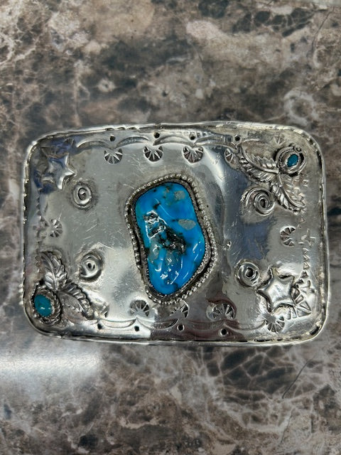 Dim Gray Vintage Large Turquoise Belt Buckle Southwestern Handmade Sterling Silver
