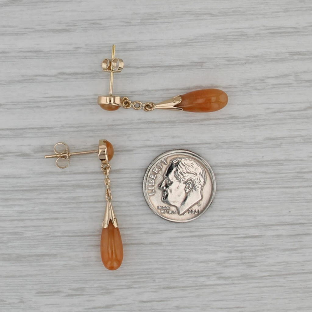 Orange Jadeite Jade Teardrop Earrings 14k Yellow Gold Dangles