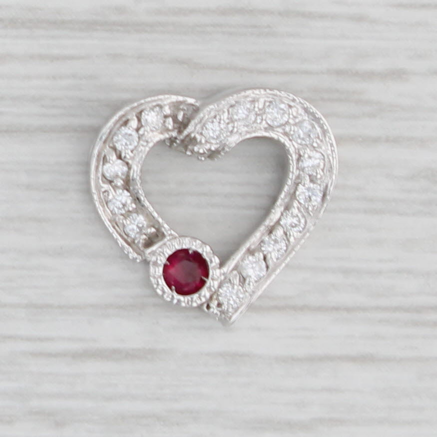 Light Gray 0.21ctw Ruby Diamond Heart Pendant 14k White Gold Small Floating Drop