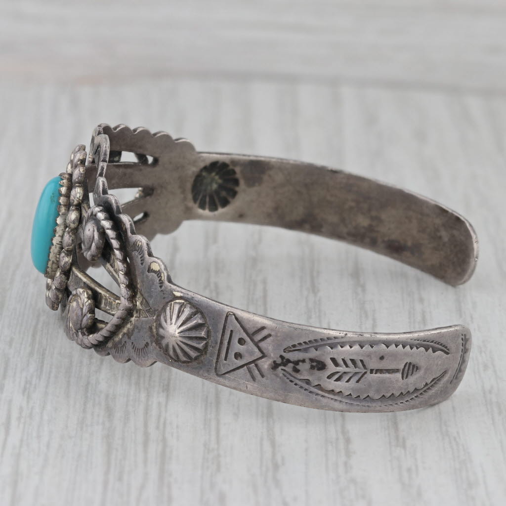 Gray Vintage Native American Stamped Turquoise Cuff Bracelet Sterling Silver 7" Bell
