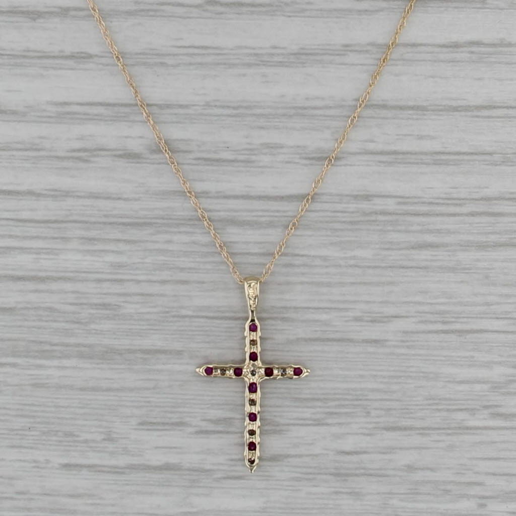 Ruby Diamond Cross Pendant Necklace 10k Yellow Gold 18.75" Rope Chain