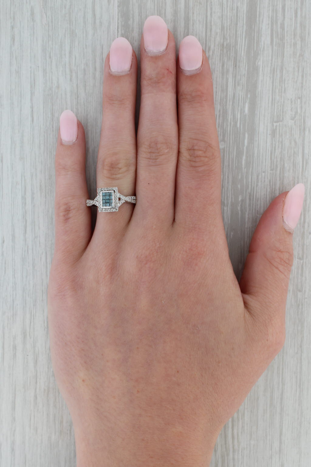 Rosy Brown 0.44ctw Princess Blue White Diamond Halo Ring 10k White Gold Sz 9.25 Engagement