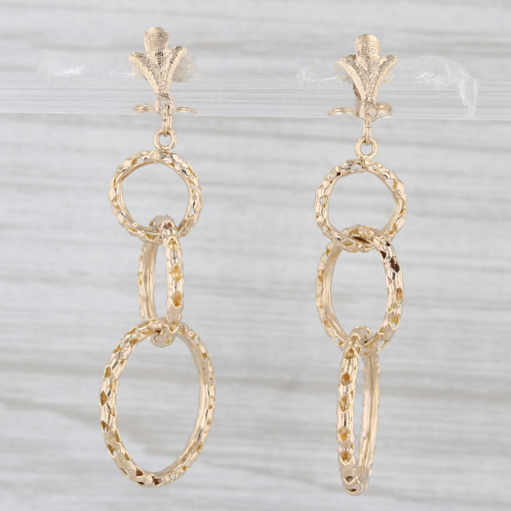 Light Gray 3 Linked Rings Dangle Earrings 14k Yellow Gold