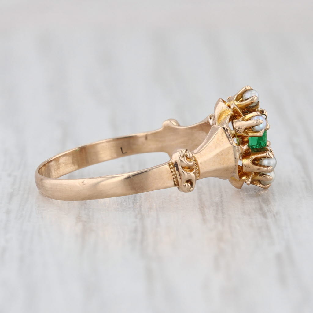 Victorian Green Garnet Glass Pearl Halo Ring 10k Yellow Gold Antique Size 8