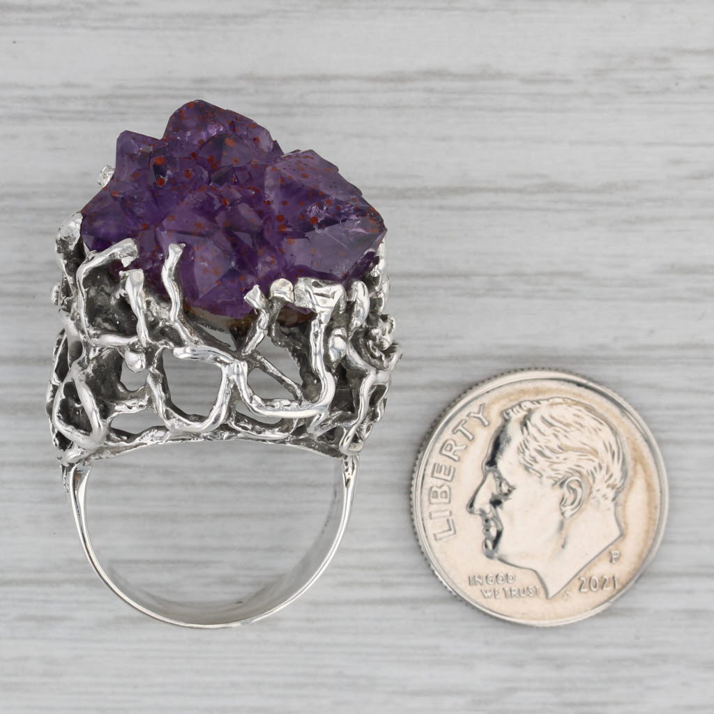 Gray Vintage Amethyst Crystal Ring Sterling Silver Size 7.5 Statement Cocktail Gothic