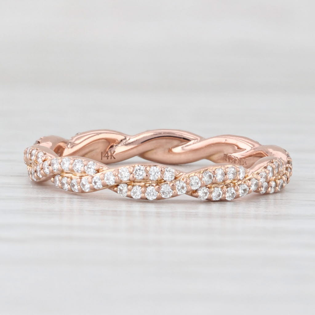 Light Gray 0.50ctw Diamond Woven Band 14k Rose Gold Stackable Wedding Ring Art Carved