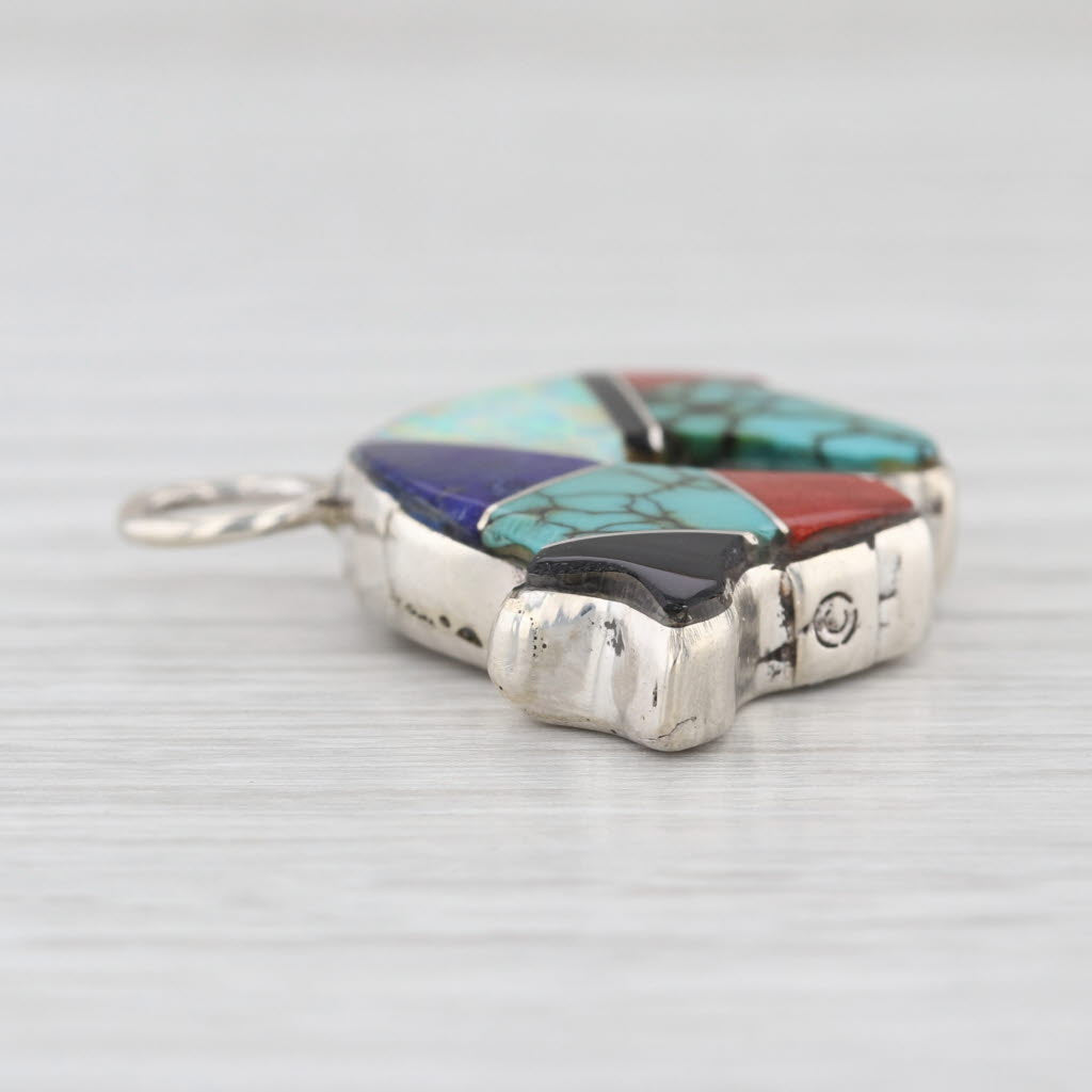 Native American Southwestern Bear Pendant Sterling Silver Stone Mosaic Charm