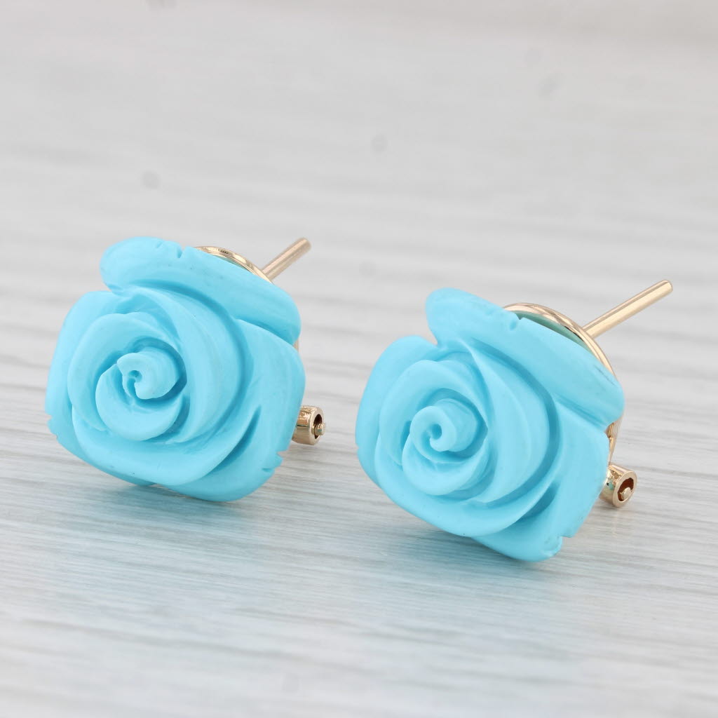 Light Gray Imitation Carved Turquoise Flower Stud Earrings 14k Yellow Gold Omega Backs
