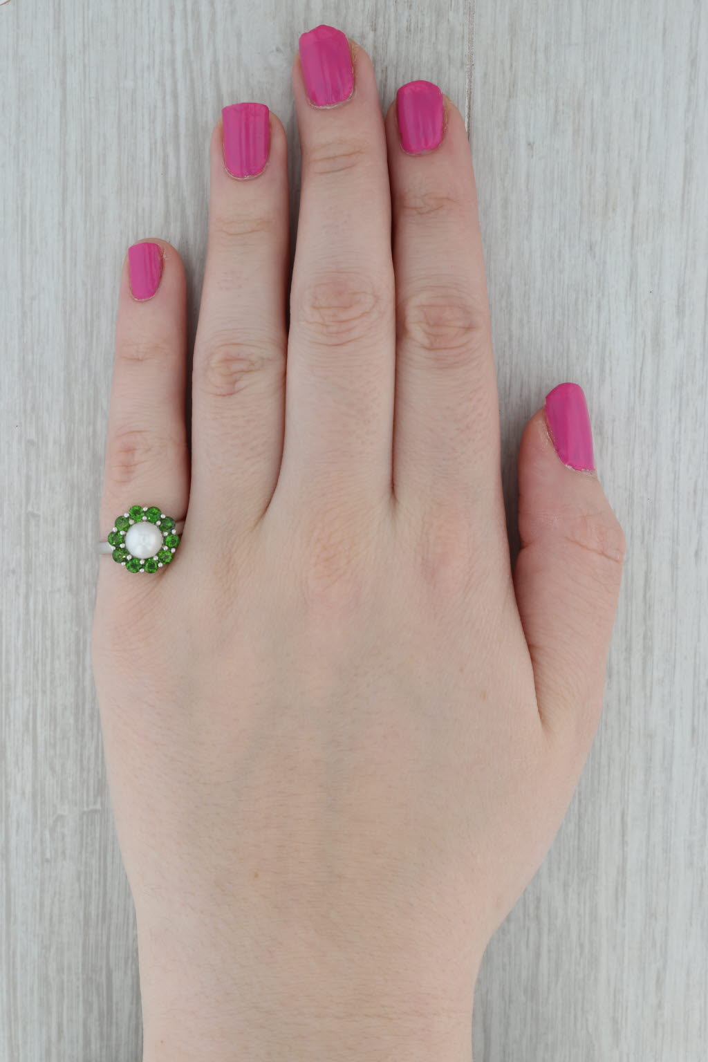Dark Gray Cultured Pearl Green Chrome Diopside Halo Ring 10k White Gold Size 7