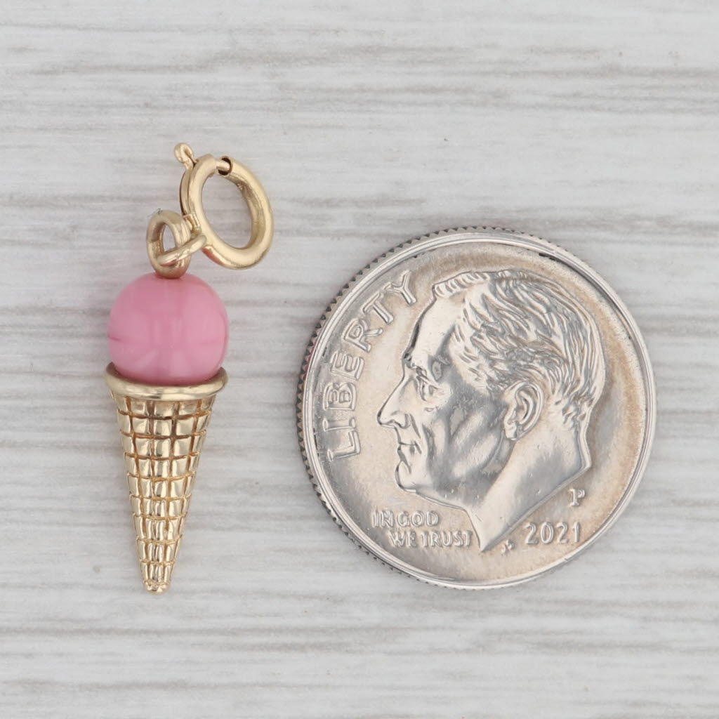 Gray Ice Cream Cone Charm 14k Yellow Gold Pink Enamel Pendant