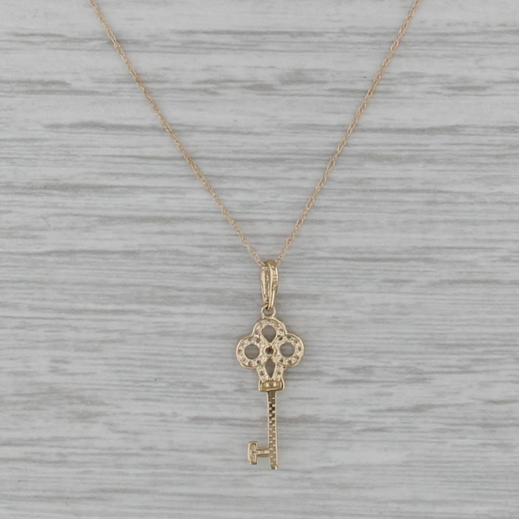 Cubic Zirconia Skeleton Key Pendant Necklace 14k Yellow Gold 18" Rope Chain