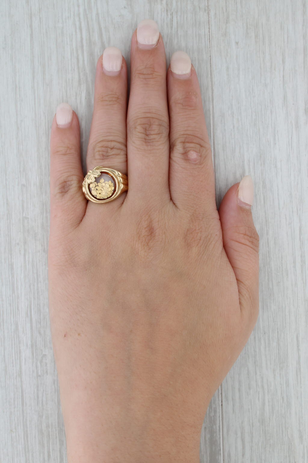 Floating Gold Nuggets Leaf Signet Ring 14k Yellow Gold Size 7 Floral