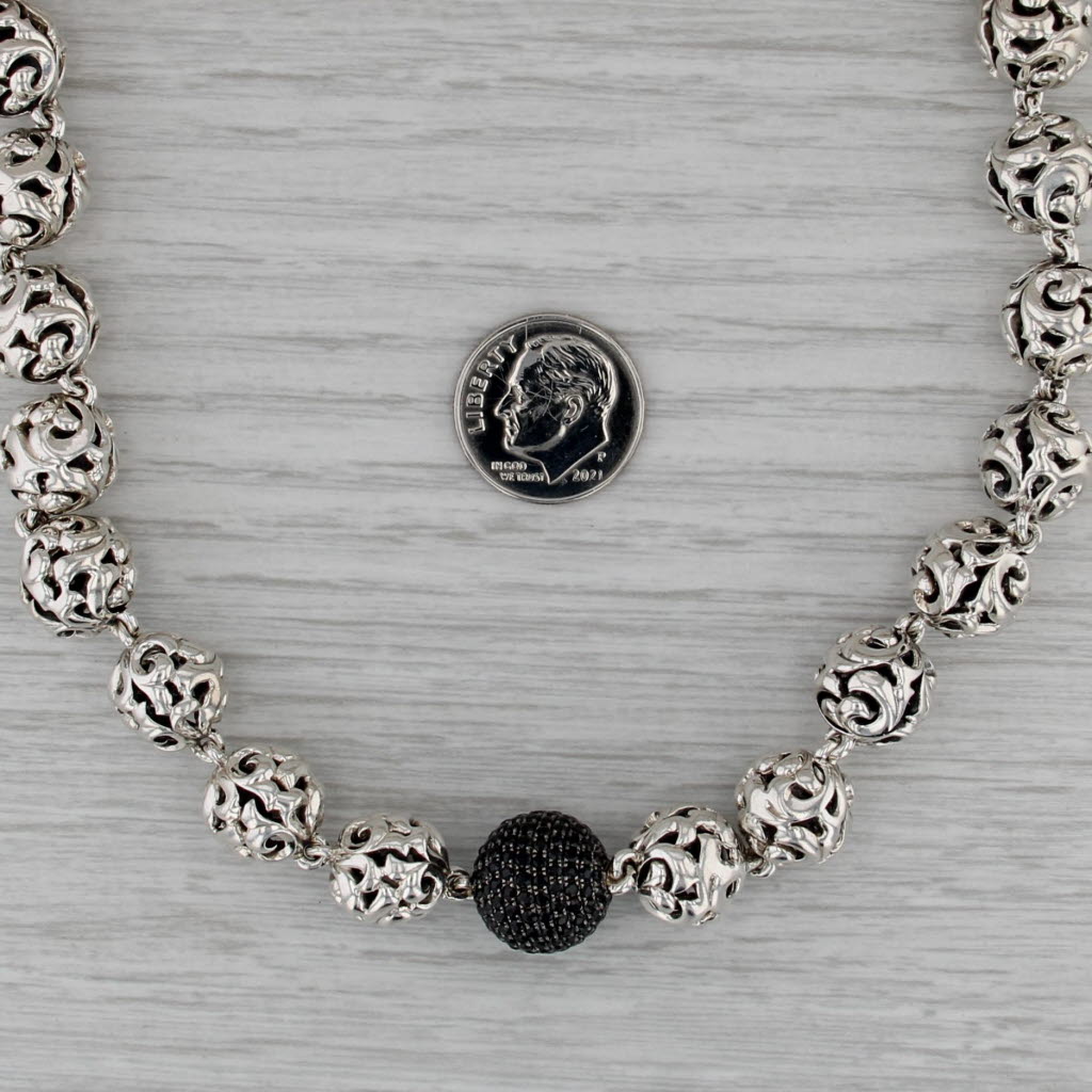 Krypell 2.94ctw Black Sapphire Ornate Openwork Bead Necklace Sterling Silver 18"