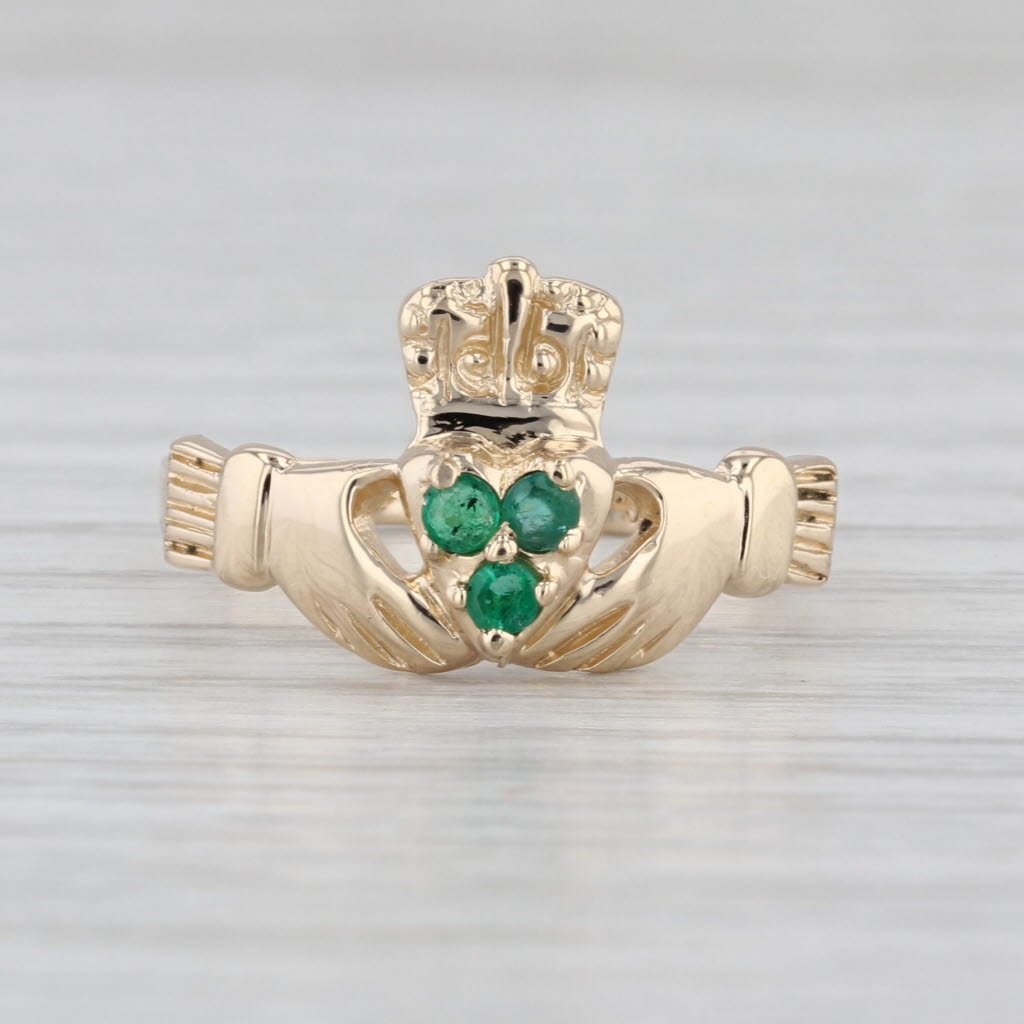 0.12ctw Emerald Flower Claddagh Ring 14k Yellow Gold Size 6