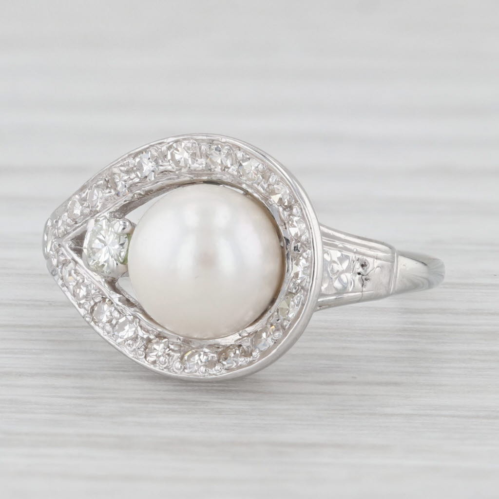 Light Gray Vintage Pearl Diamond 18K White Gold Size 5 Teardrop Ring