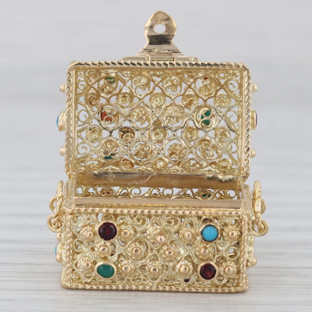 Gray Etruscan Style Gemstone Treasure Chest Charm 800 Gold Pendant Garnet Turquoise