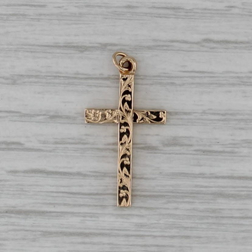Vintage Ornate Floral Cross Pendant Gold Filled Charm