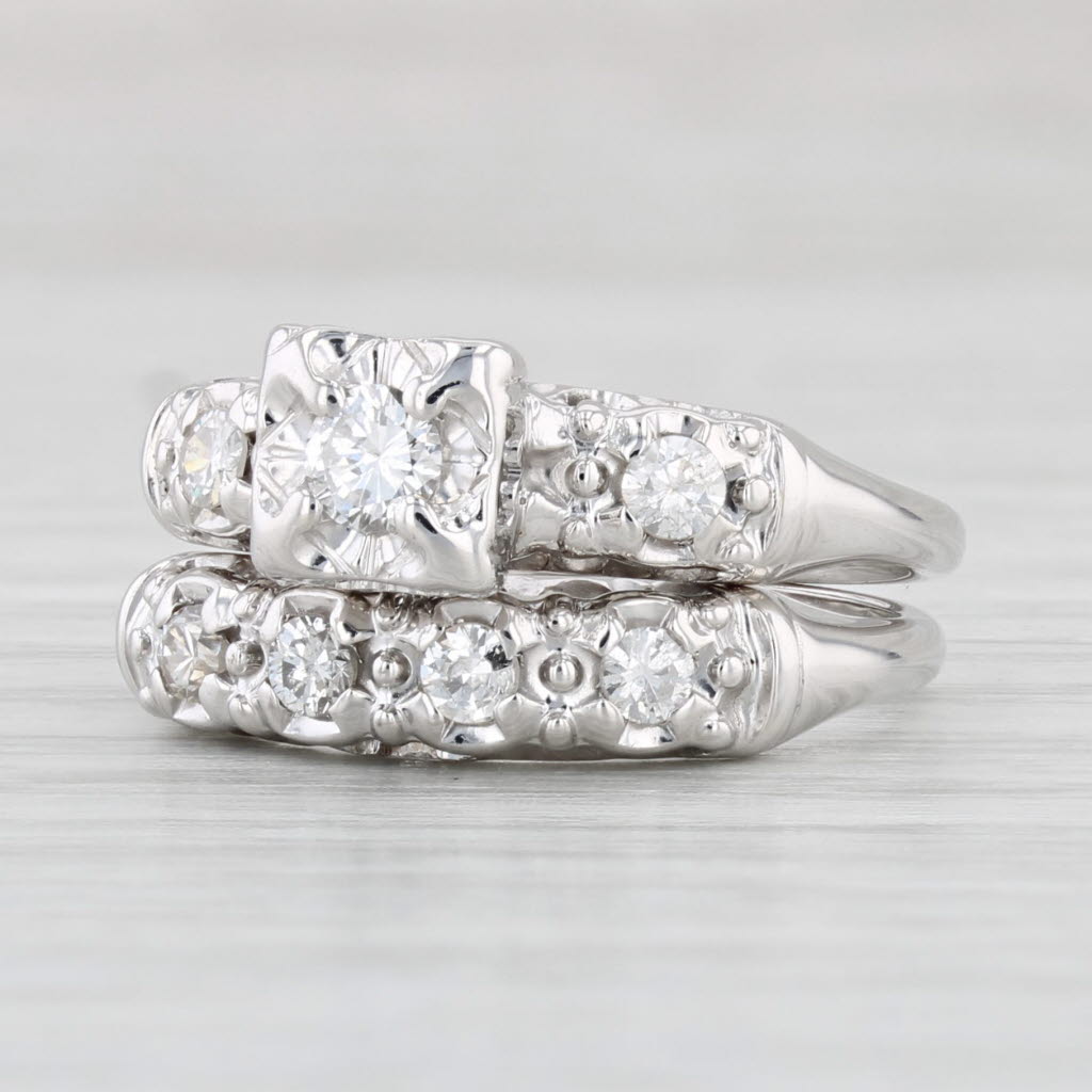 Light Gray Vintage 0.41ctw Diamond Engagement Ring Wedding Band Bridal Set 14k Gold Sz 6.25