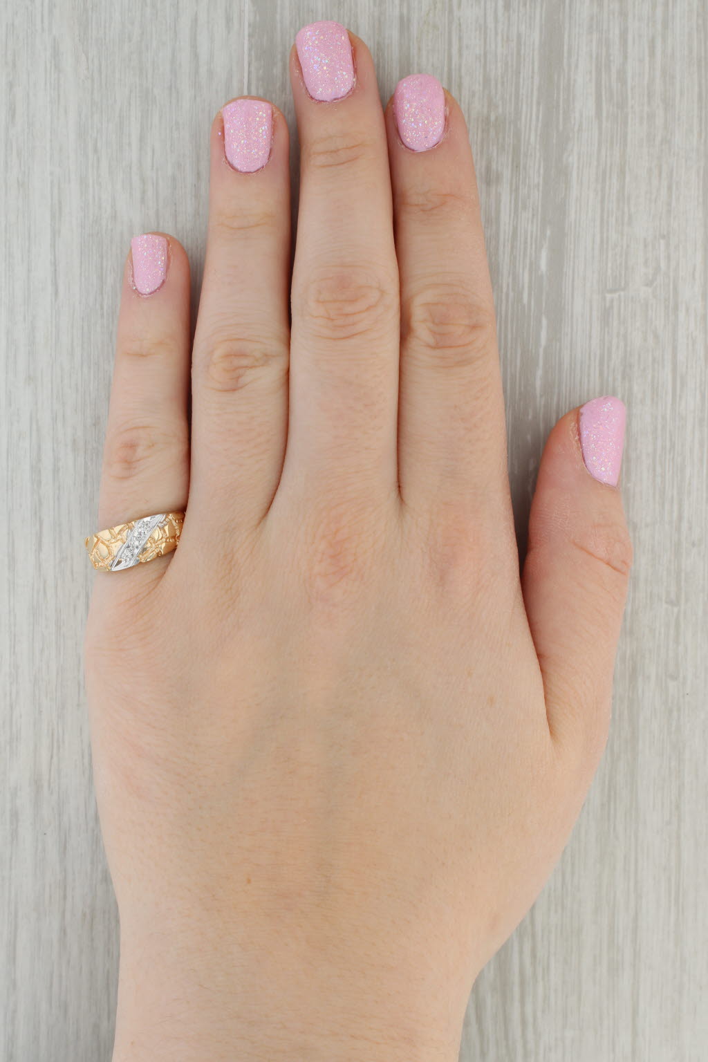 Dark Gray Diamond Accented Gold Nugget Ring 14k Gold Size 7.5 Wedding Band