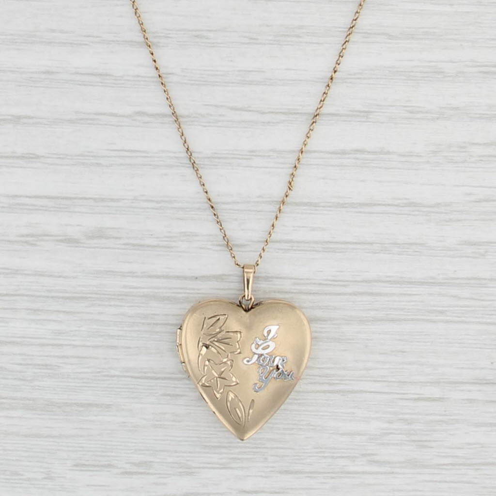 Vintage I Love You Heart Locket Pendant Necklace Gold Filled 18.75" Curb Chain