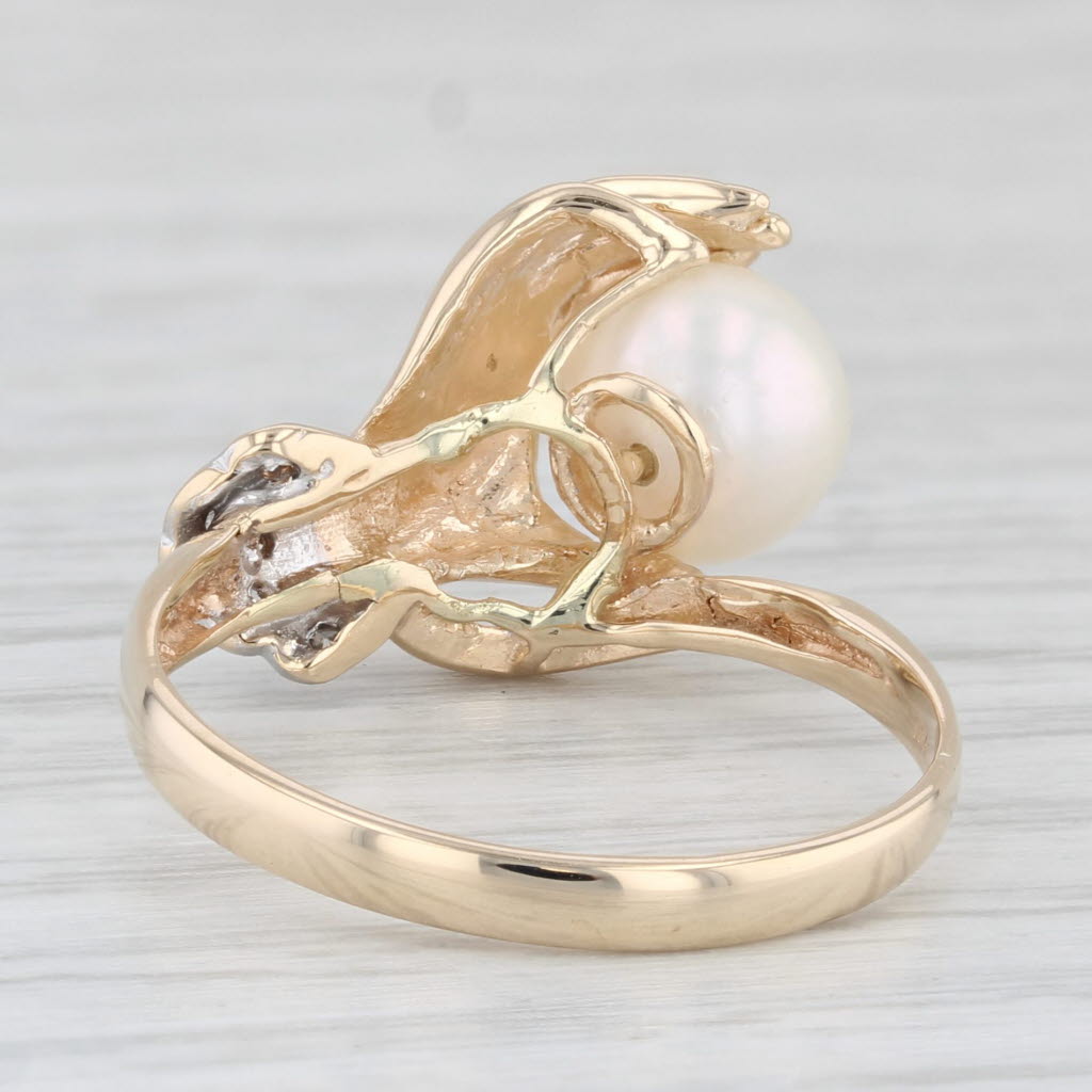 Light Gray Hand Holding Cultured Pearl Diamond Ring 14k Yellow Gold Size 8.25