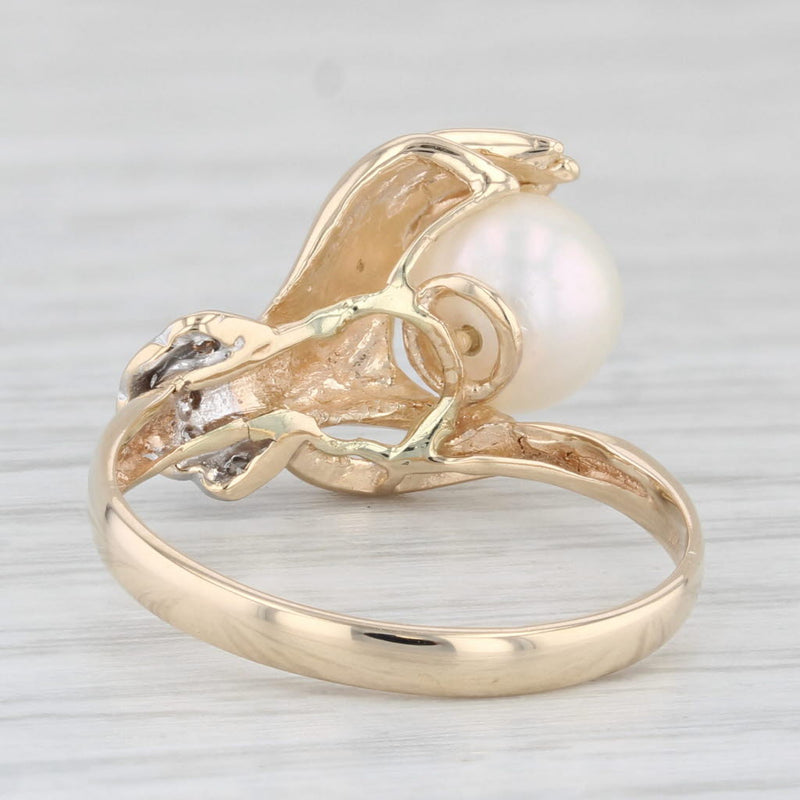 Hand Holding Cultured Pearl Diamond Ring 14k Yellow Gold Size 8.25