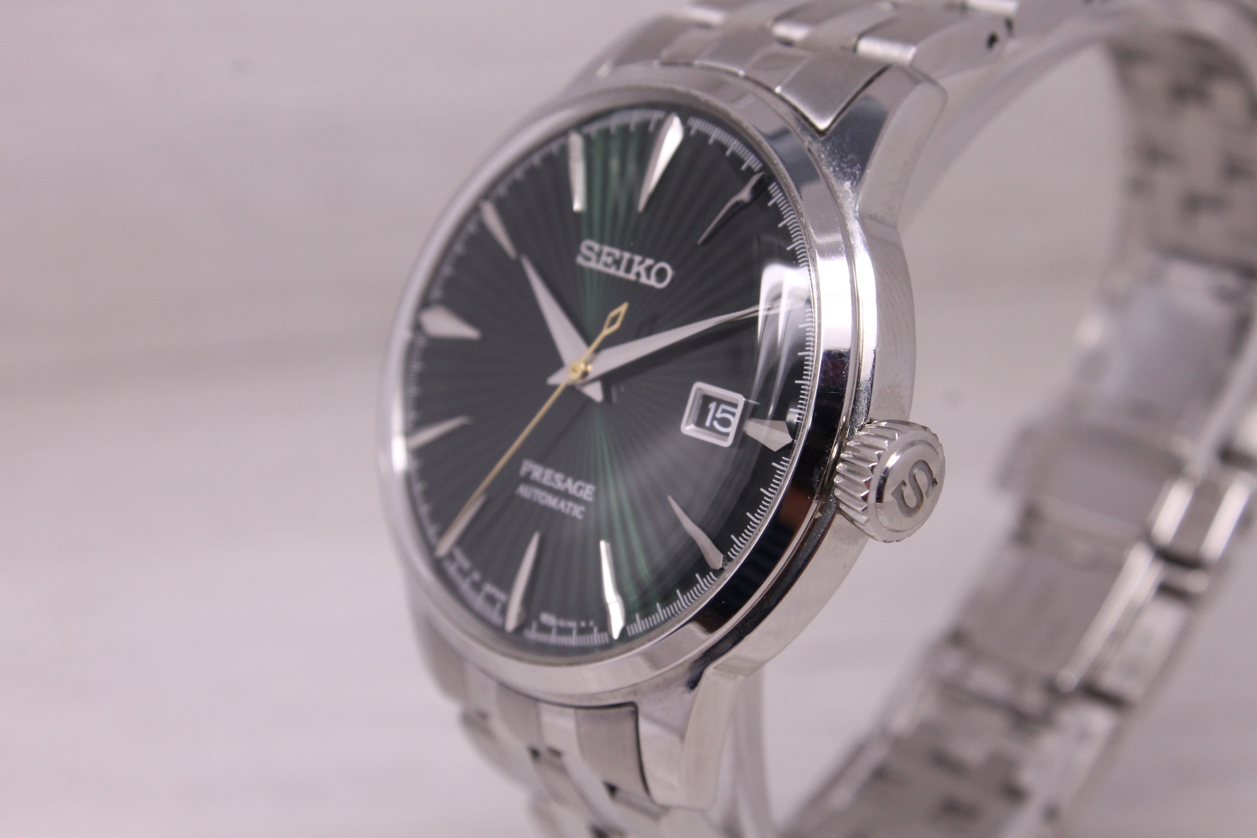 Seiko Presage Mens Watch 40.5mm Steel Swiss Date Auto Green Dial SRPE15 Box