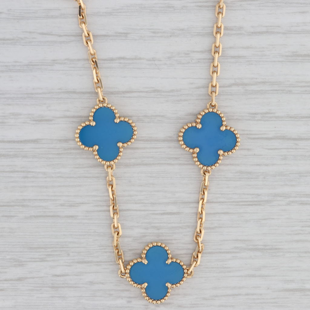 Gray Van Cleef Arpels VCA Alhambra Blue Agate Clover Necklace 18k Gold 16.5" Box