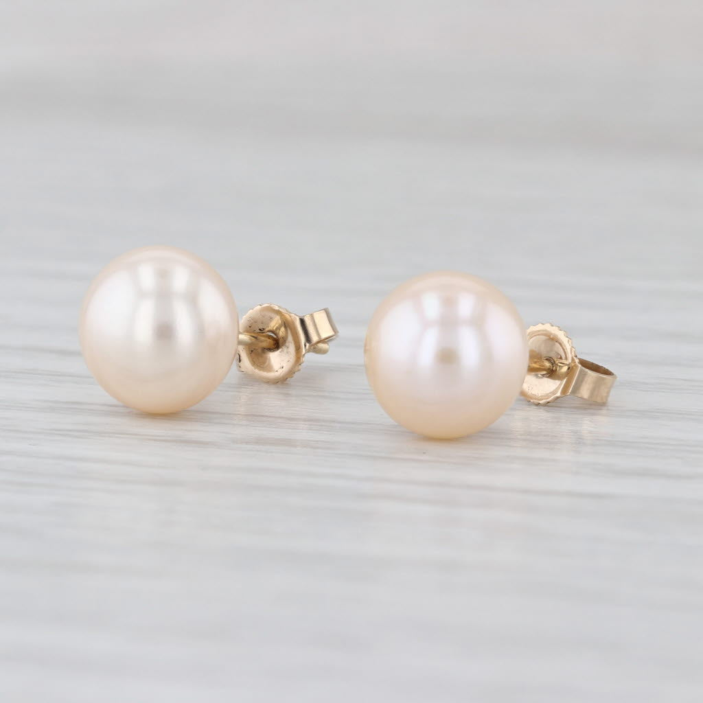 Pink Cultured Pearl Solitaire Stud Earrings 14k Yellow Gold Round Studs