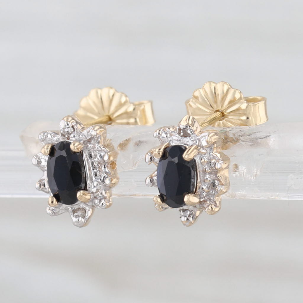 0.94ctw Blue Sapphire Diamond Halo Stud Earrings 14k Yellow Gold Small Studs