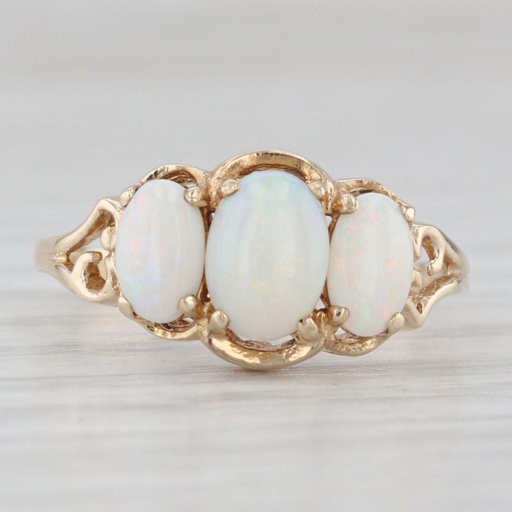 Light Gray 3-Stone Opal Ring 10k Yellow Gold Size 6.25 Oval Cabochons