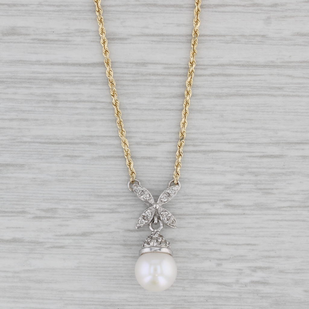 Gray 0.15ctw Diamond Cultured Pearl Pendant Necklace 14k Gold 16.25" Rope Chain