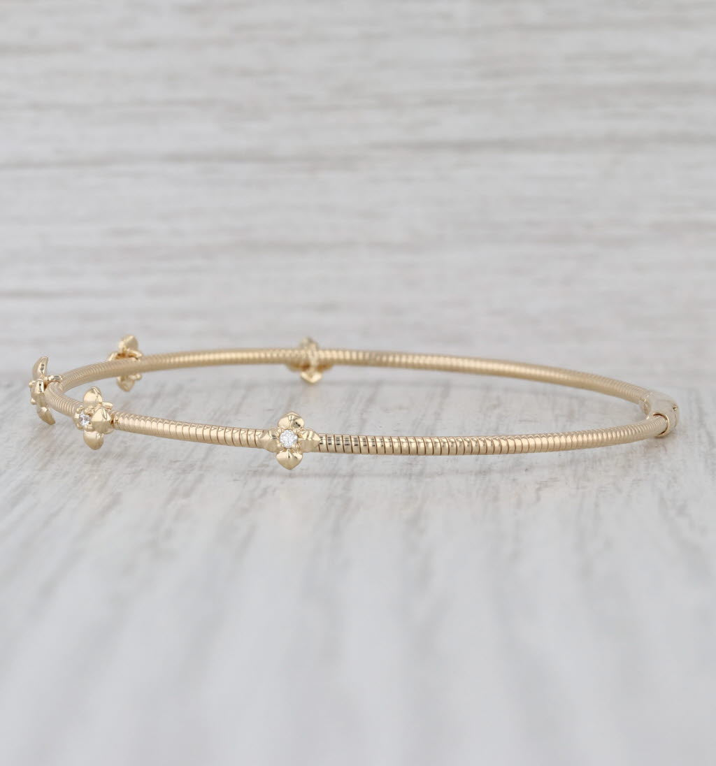 New Diamond Flower Flexible Bangle Bracelet 14k Yellow Gold 6.75"