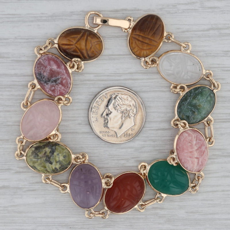 Church & Co Carved Stone Scarab Bracelet 14k Yellow Gold Vintage Multicolor