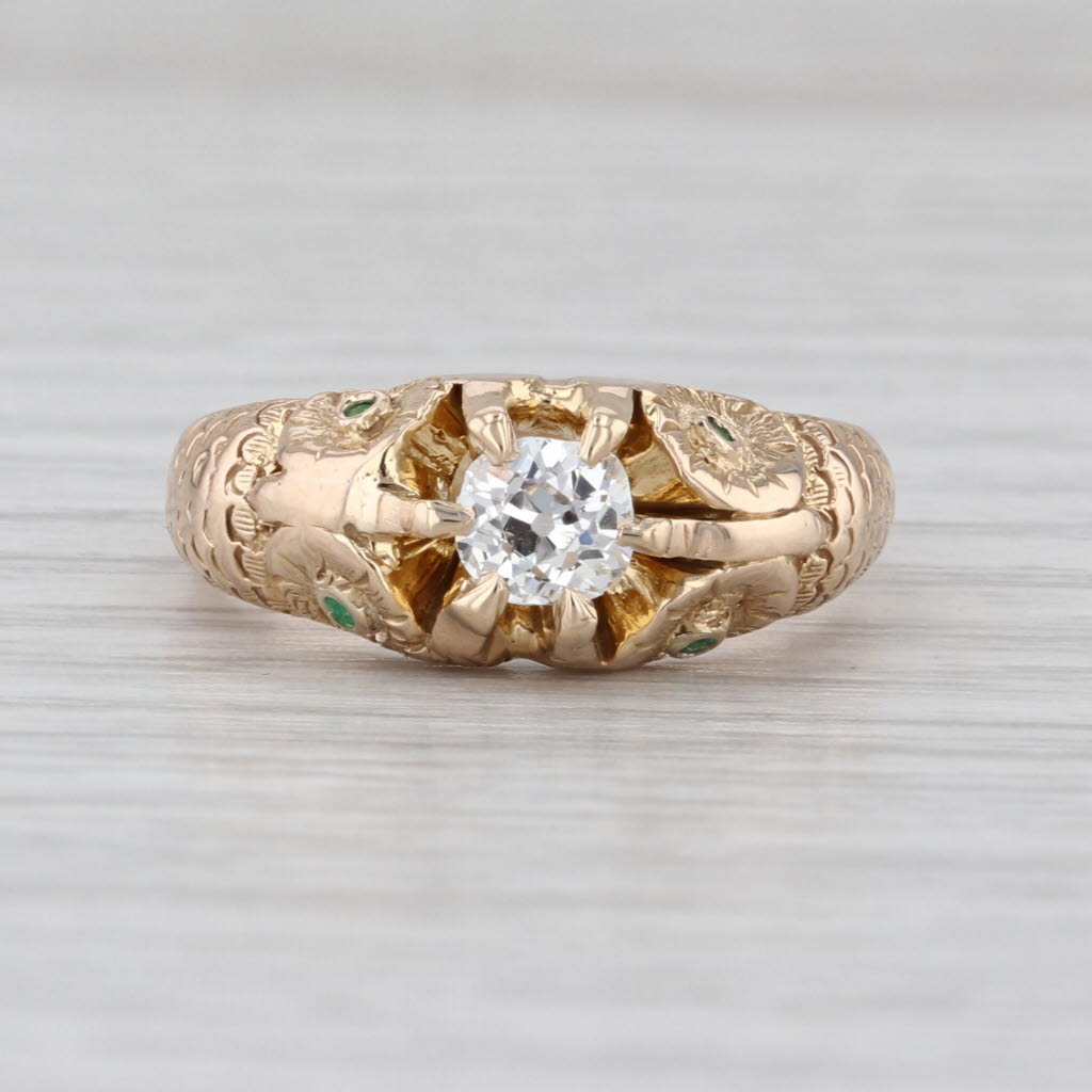 Antique 0.40ct Old Mine Cut Diamond Soliaire Engagement Ring 14k Gold Emeralds