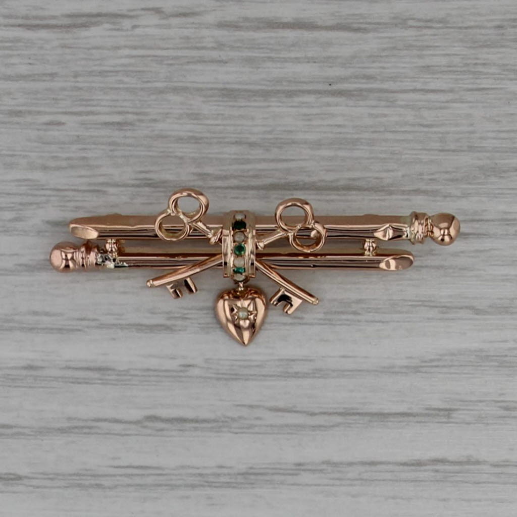 Vintage Seed Pearl Green Glass Brooch 14k Yellow Gold Heart Keys Bar Pin