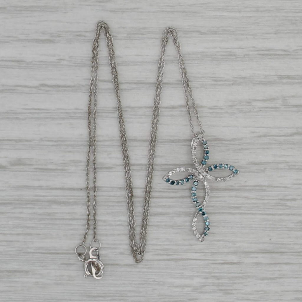 0.28ctw Blue White Diamond Stylized Cross Pendant Necklace 10k White Gold 16.25"