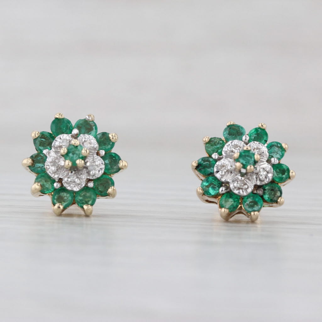 1.02ctw Emerald Diamond Stud Earrings 10k Yellow Gold Flower Studs