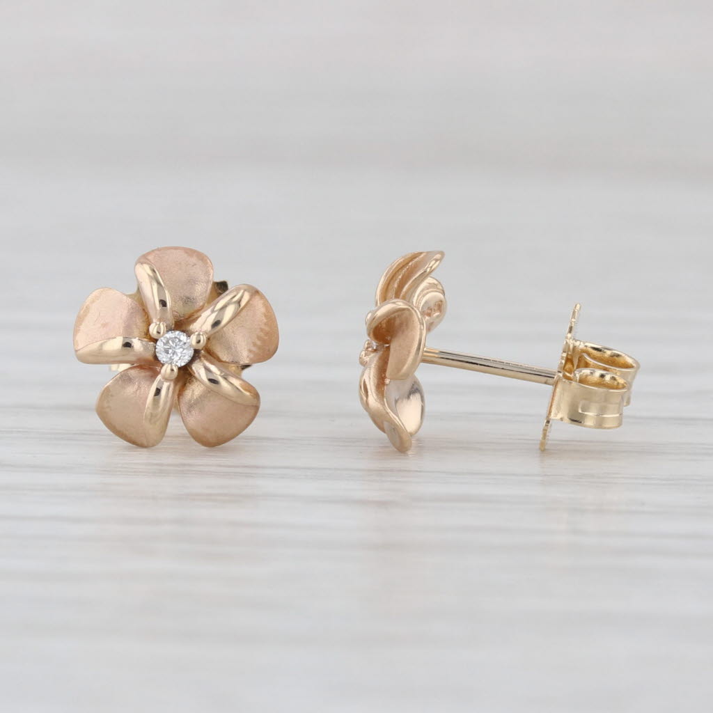 Diamond Plumeria Flower Stud Earrings 14k Yellow Gold Floral Studs
