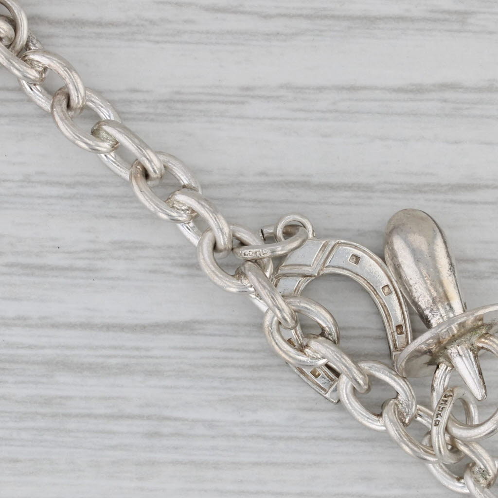 Gray Cable Chain Charm Bracelet Sterling Silver Heart Bell Pacifier Mice 6.5"