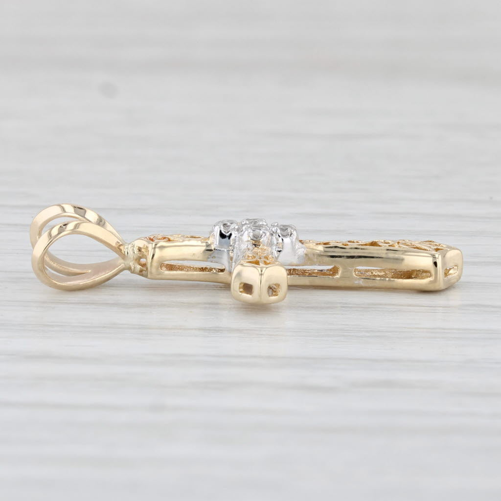 Light Gray Small Ornate Diamond Cross Pendant 14k Yellow Gold