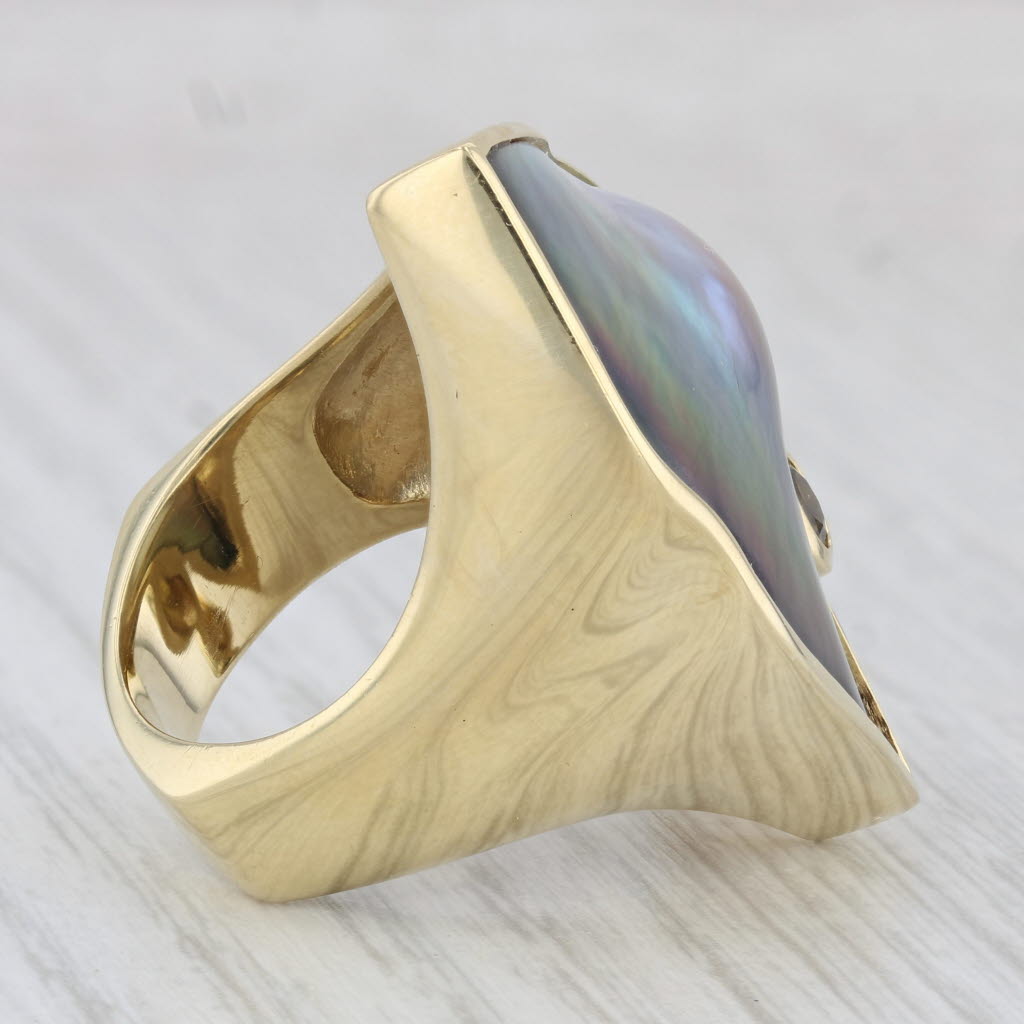 Gray Mother of Pearl Zircon Statement Ring 18k Yellow Gold Size 7.75 Cocktail