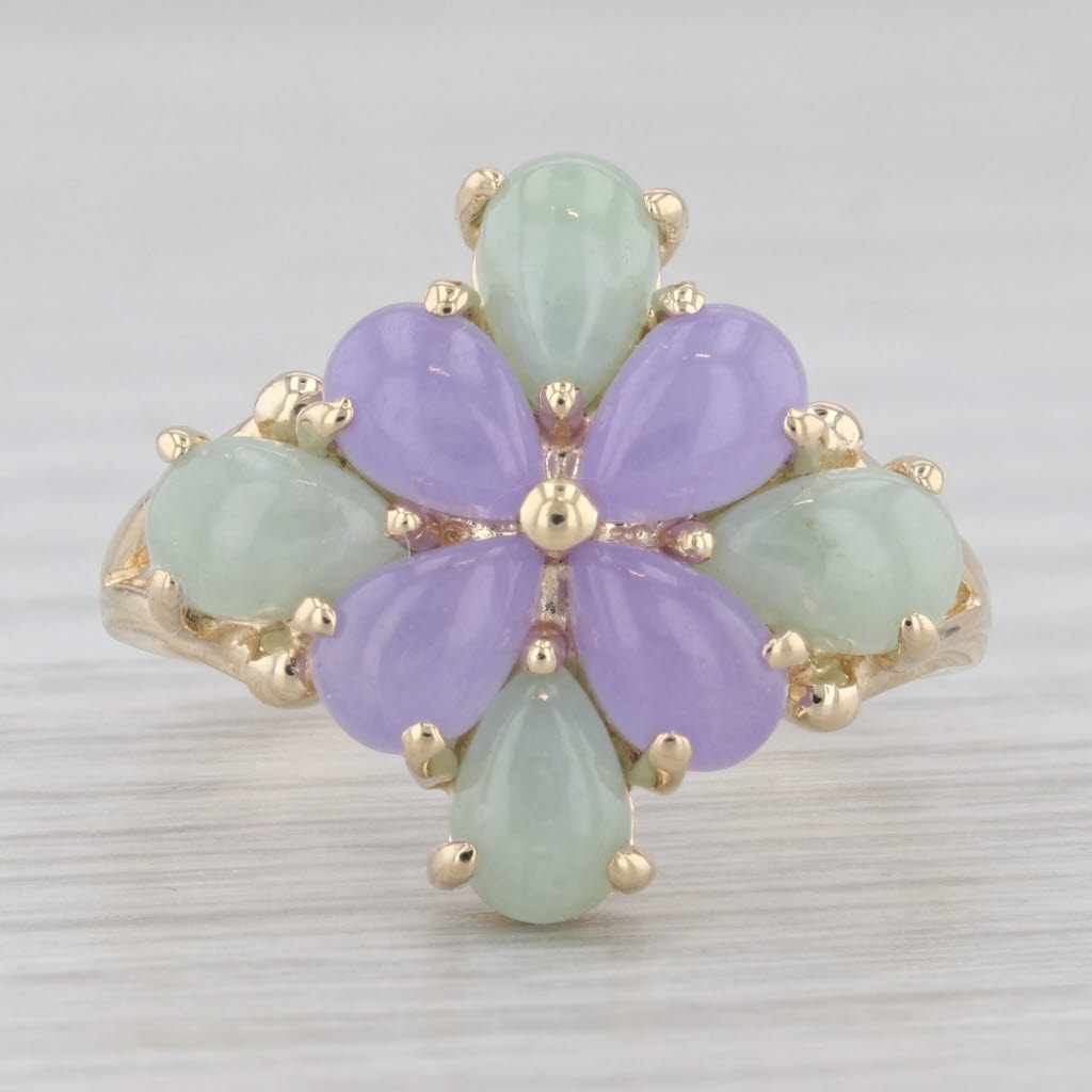 Gray Lavender Green Jadeite Jade Flower Ring 14k Yellow Gold Size 7.25 Cluster