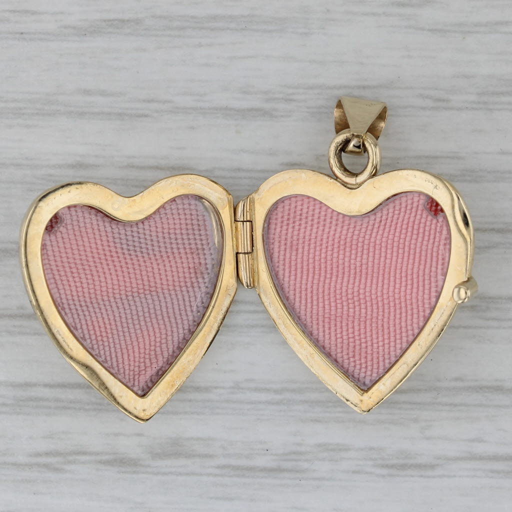 Dark Gray Flower Engraved Heart Locket Pendant 14k Yellow Gold Engravable