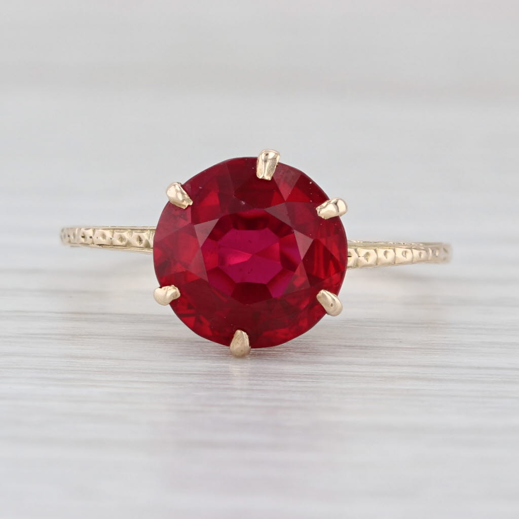 Vintage 3.90ct Lab Created Ruby Ring 10k Yellow Gold Size 8.5 Round Solitaire