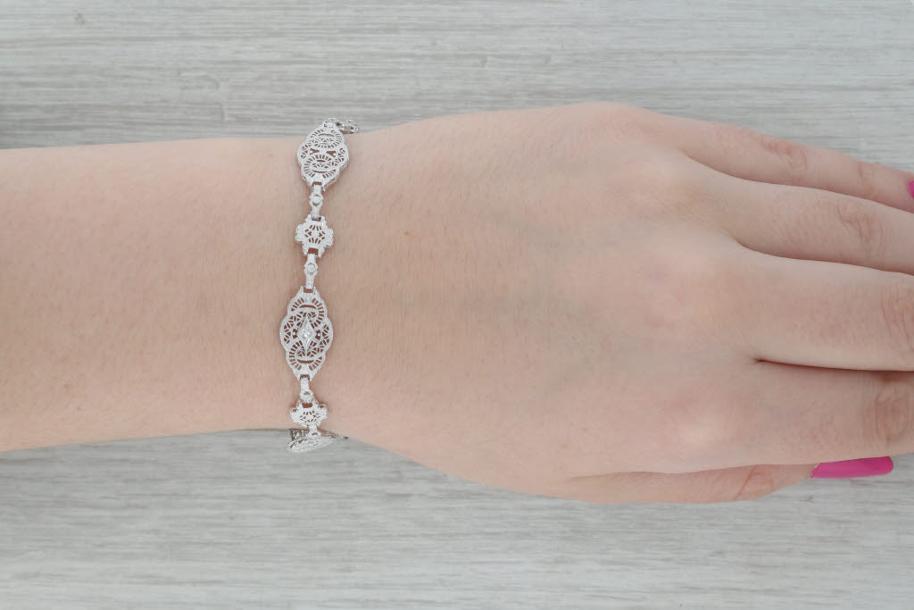 Dark Gray Art Deco Filigree Diamond Accented Bracelet 10k White Gold 7.25"